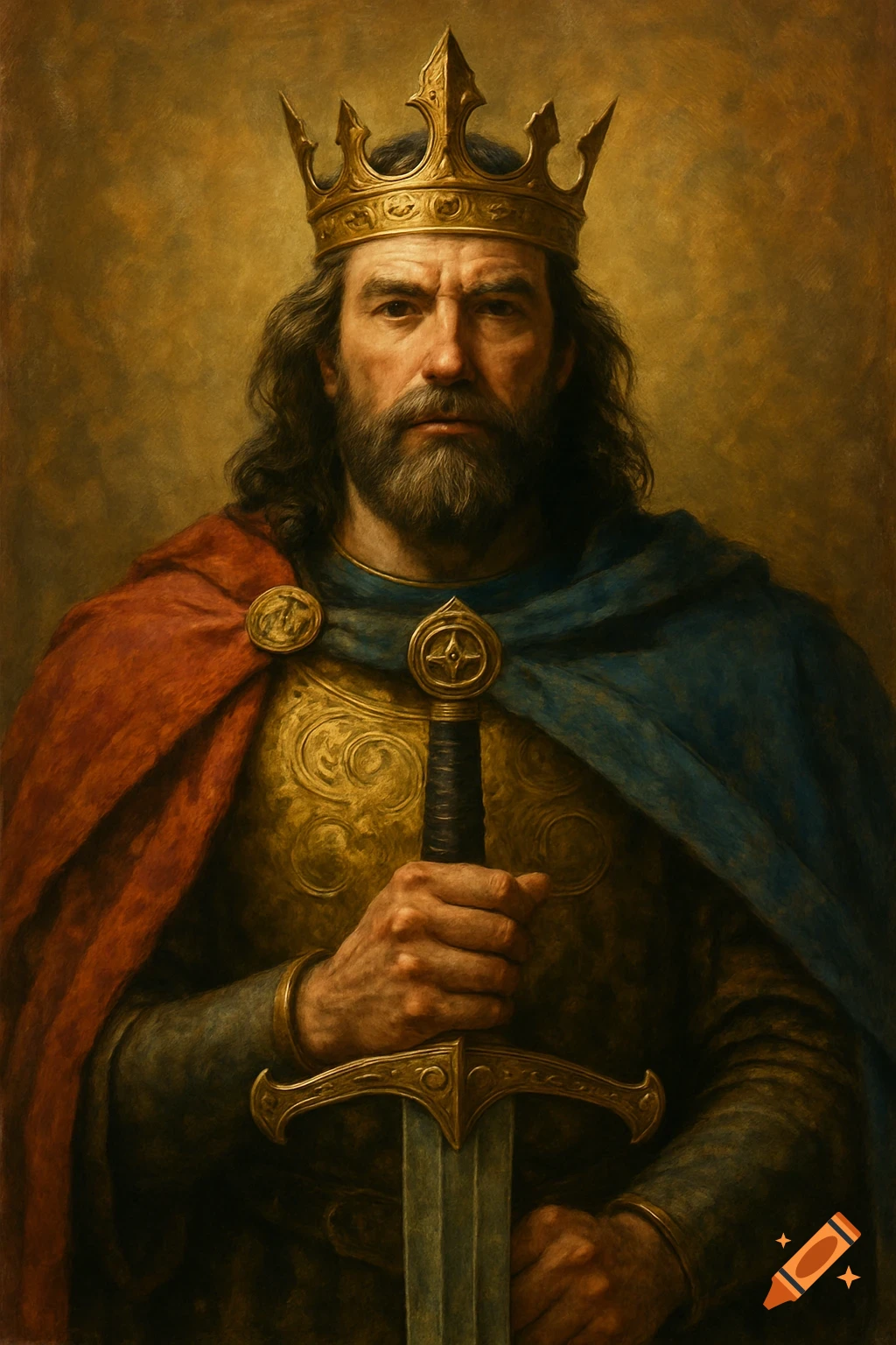 A serious king with a beard and crown, wearing armor and cloak, holding a sword.