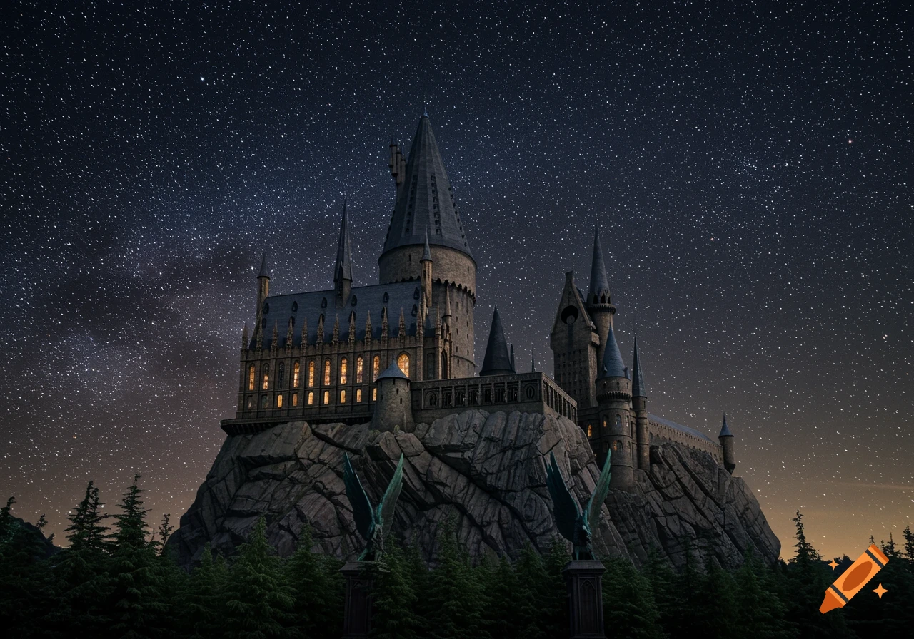 Hogwarts castle on a hill under a starry night sky.