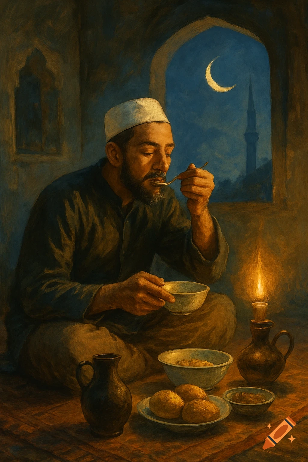 Painting of a man in a white cap eating by lamplight, with a crescent moon visible through an arched window.