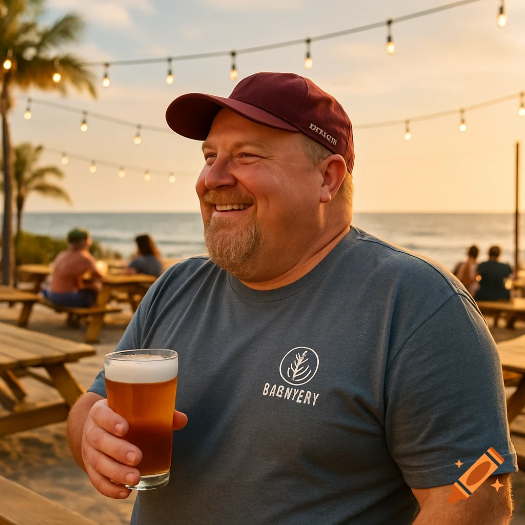 Smiling man holding a beer at a beach bar during sunset.