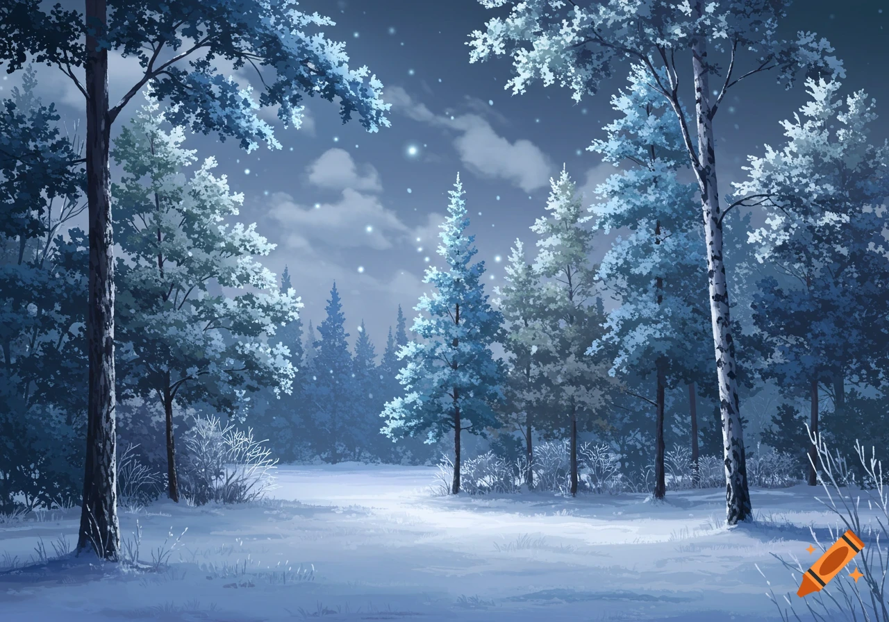 A snowy forest at night under moonlight.