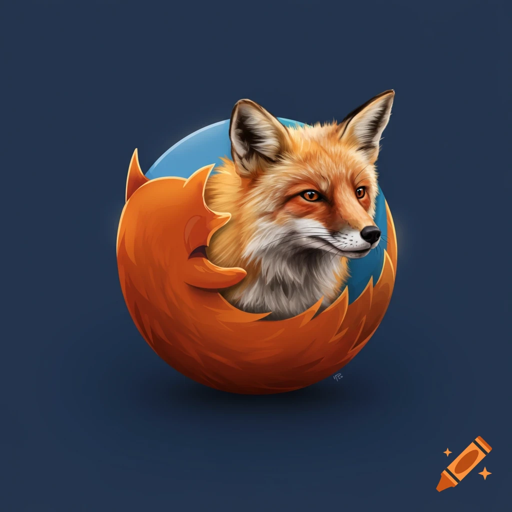 A fox's head looking out from the center of the orange Firefox logo swirl, on a dark blue background.