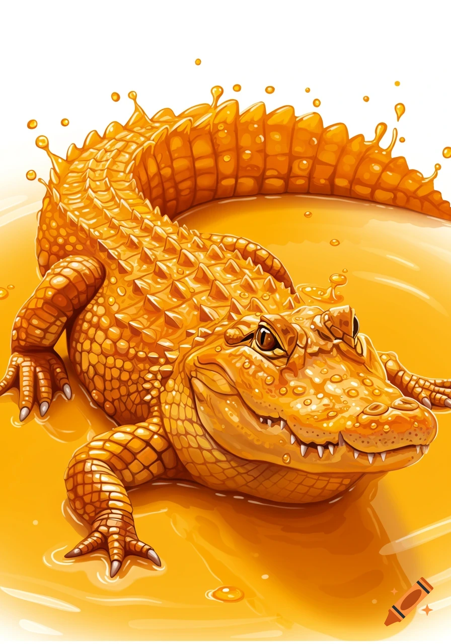 A stylized alligator made of bright orange juice sits in a puddle of juice.