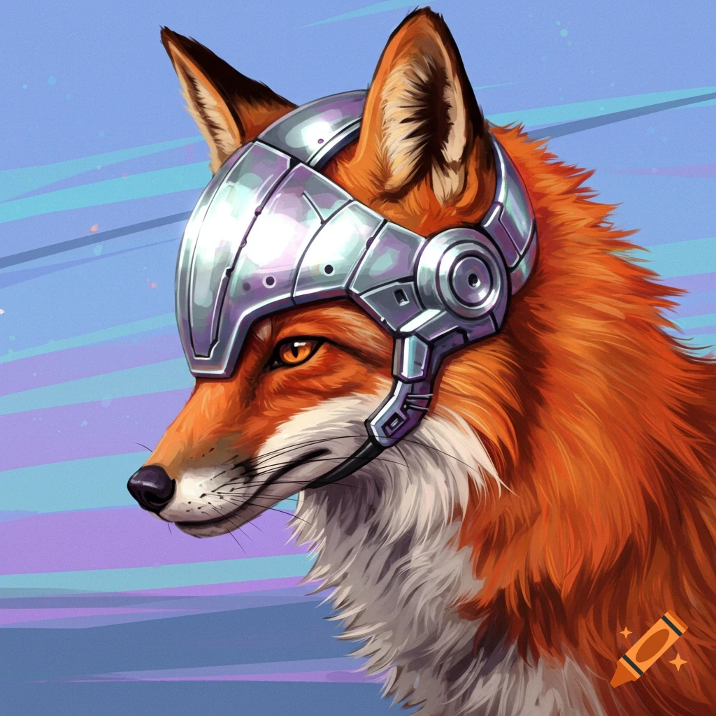 A fox wearing a futuristic helmet.