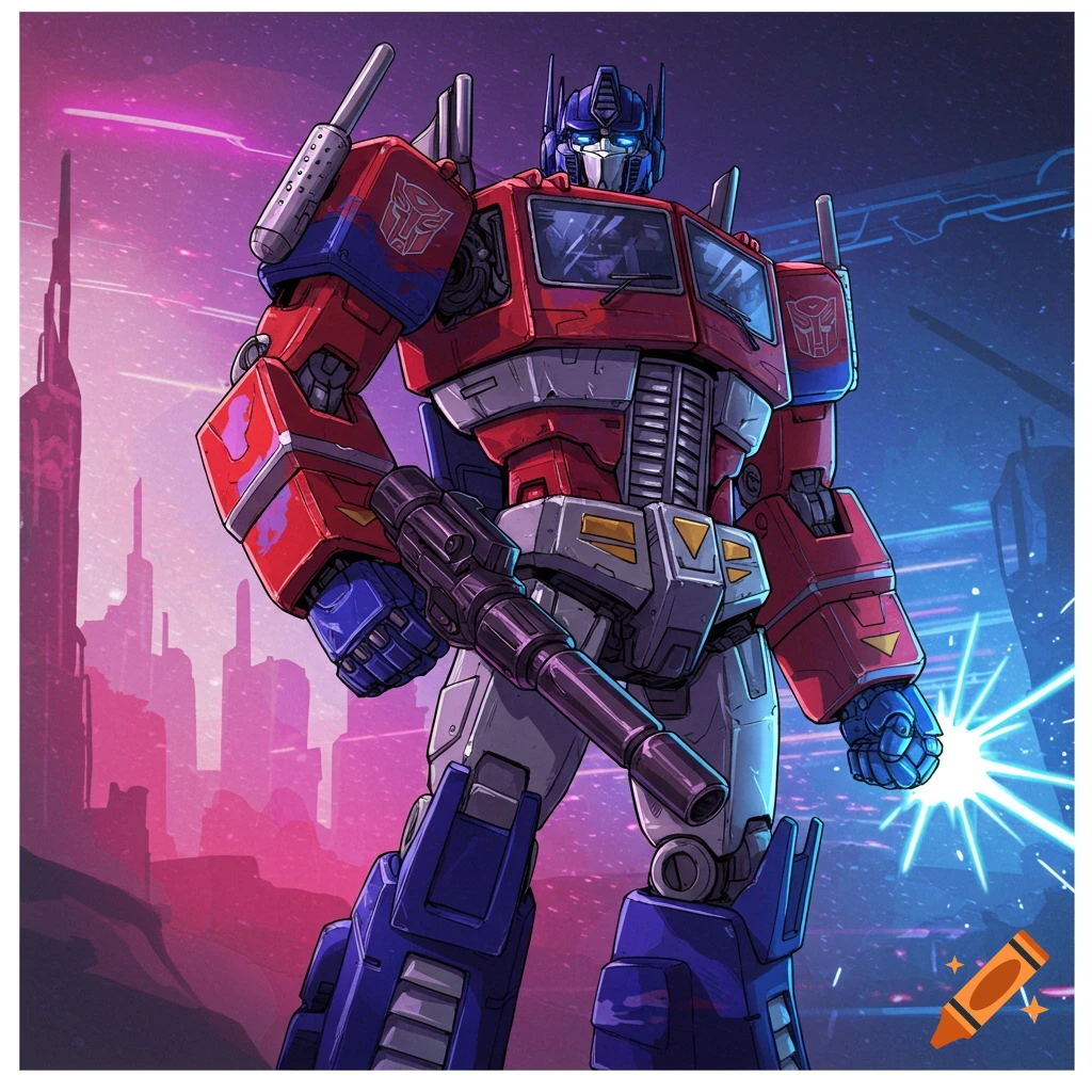 Optimus Prime stands in front of a futuristic city holding a gun.