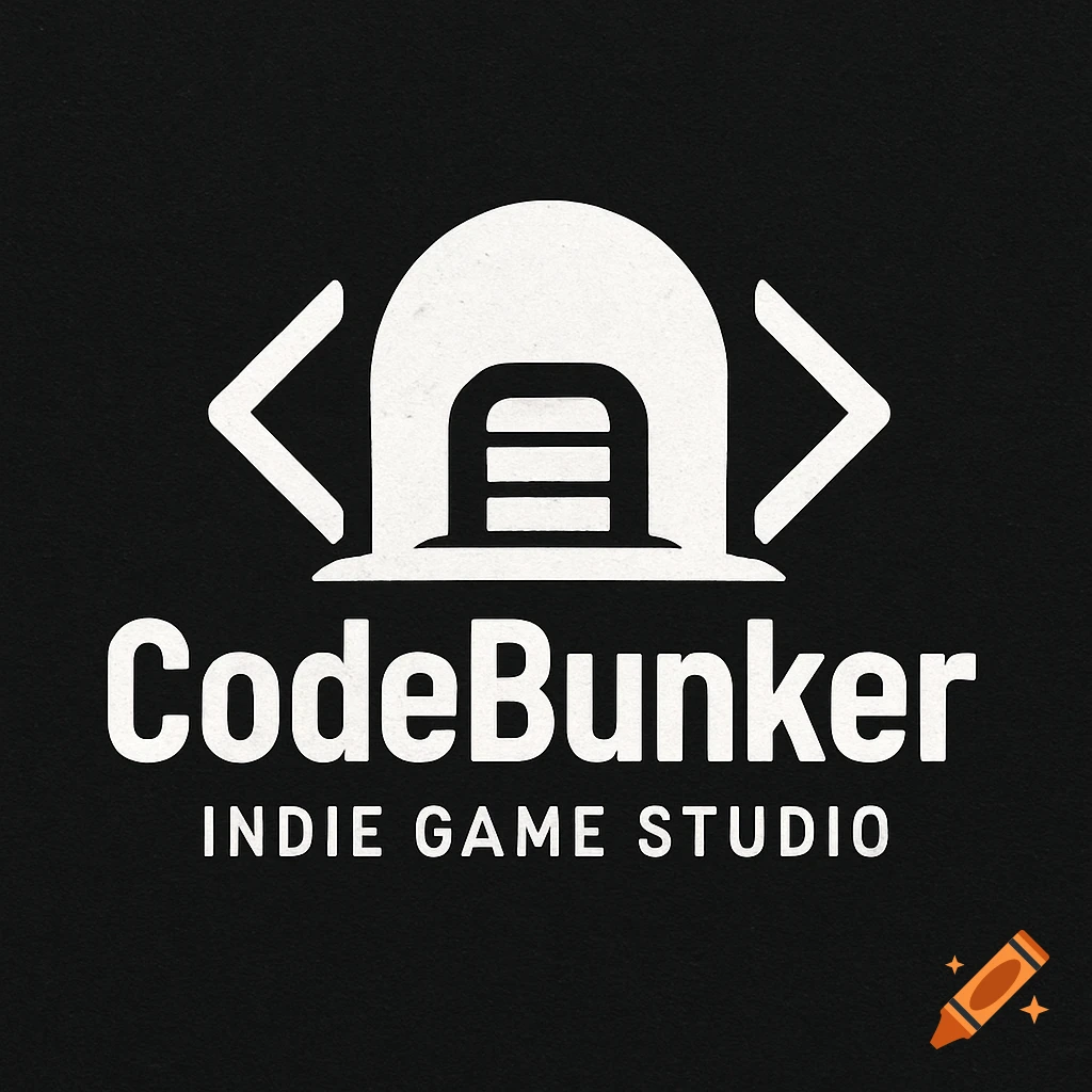 A black and white logo featuring a symbol resembling a bunker with bars and brackets, and the text "CodeBunker Indie Game Studio".