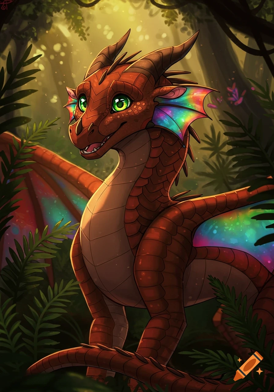 A red dragon with rainbow-colored wings stands in a sunlit forest.
