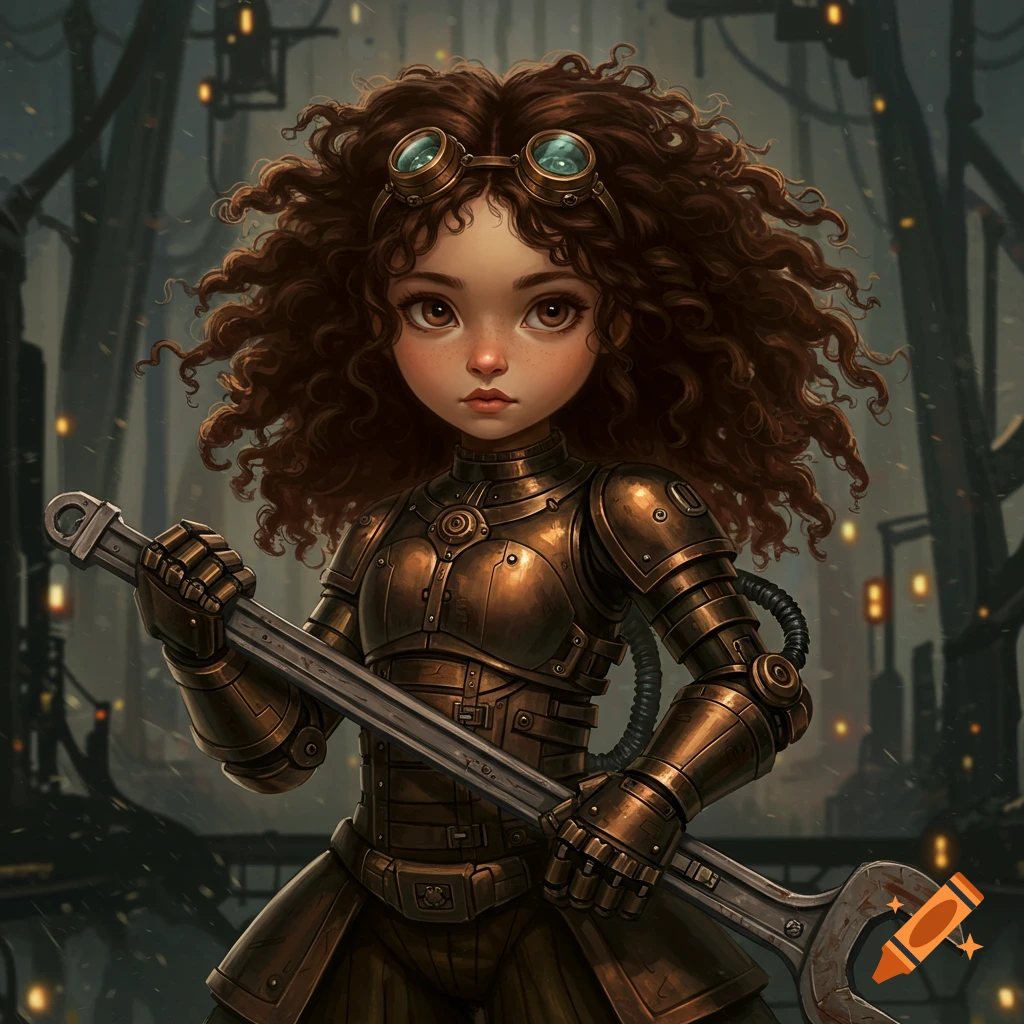 A young girl in a bronze mechanical suit and goggles, holding a large wrench.