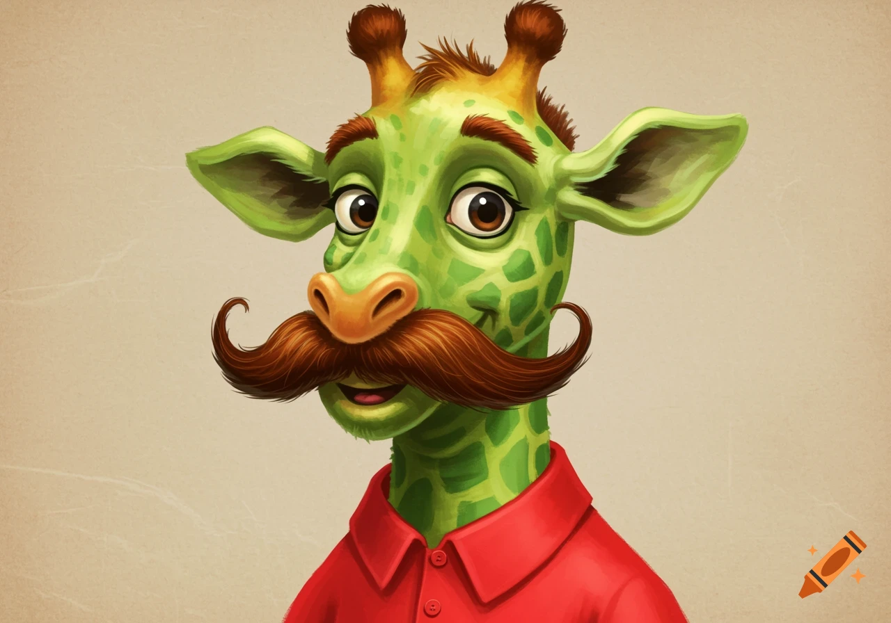 Cartoon portrait of a green giraffe with a mustache wearing a red shirt