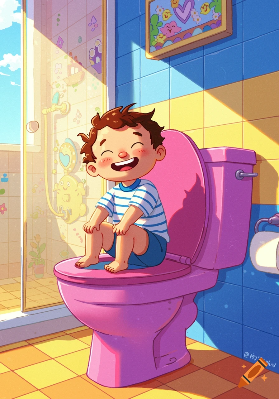 A happy cartoon boy sits on a pink toilet in a colorful bathroom.