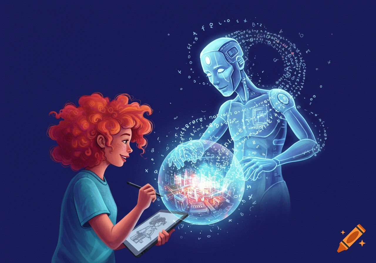 Illustration of a person drawing on a tablet, interacting with a glowing robot holding a sphere with data.