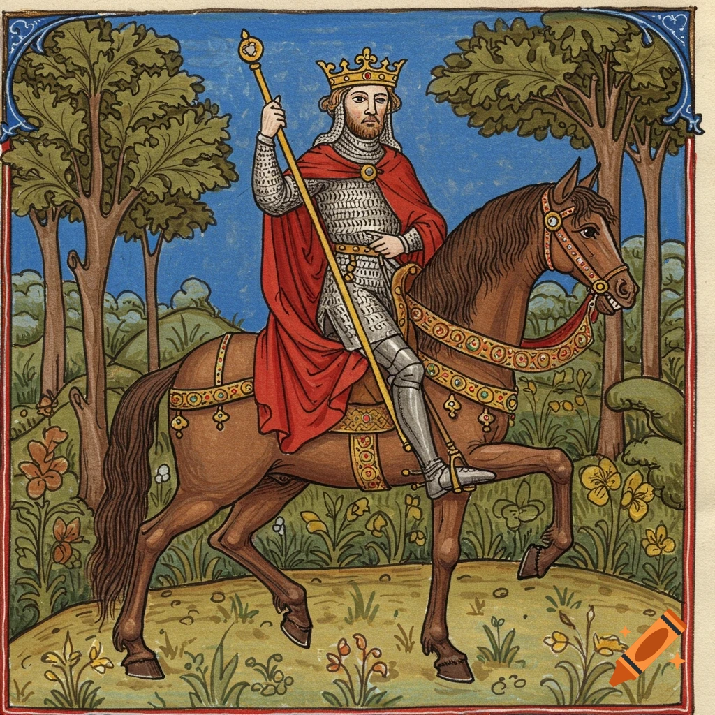 Medieval manuscript illumination of a king on a horse in a forest clearing.