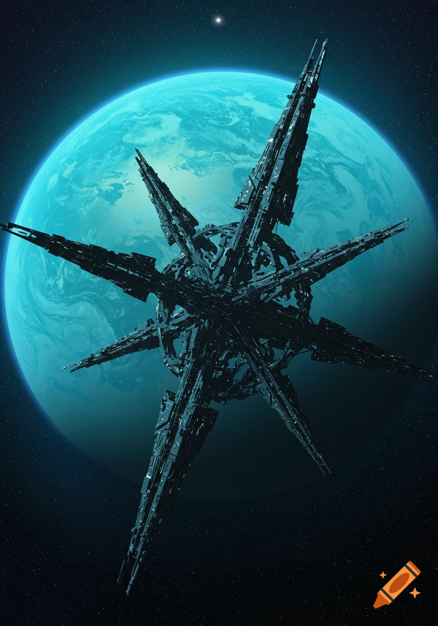 A large, spiky space structure floats before a blue planet with stars.