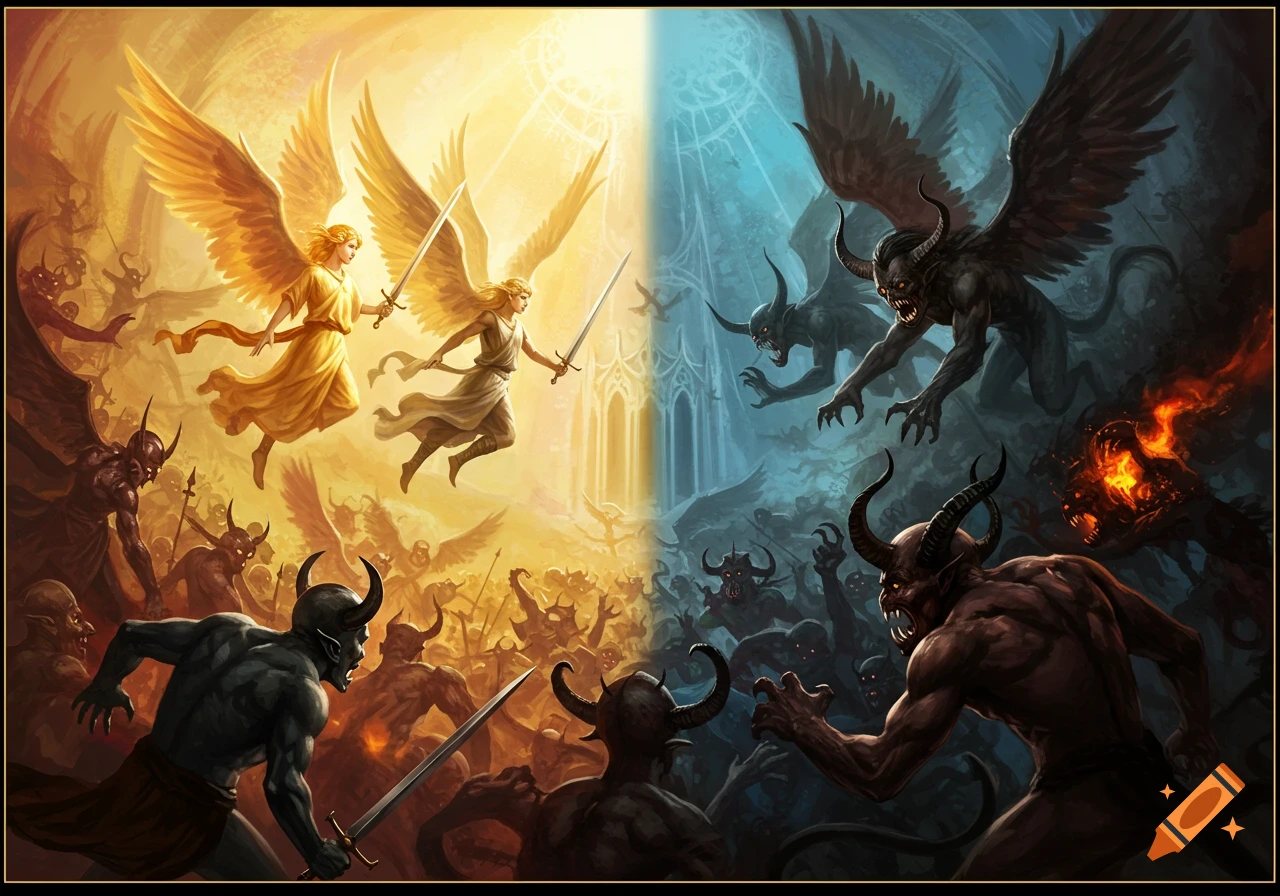 Angels battling demons in a split scene, light vs dark.