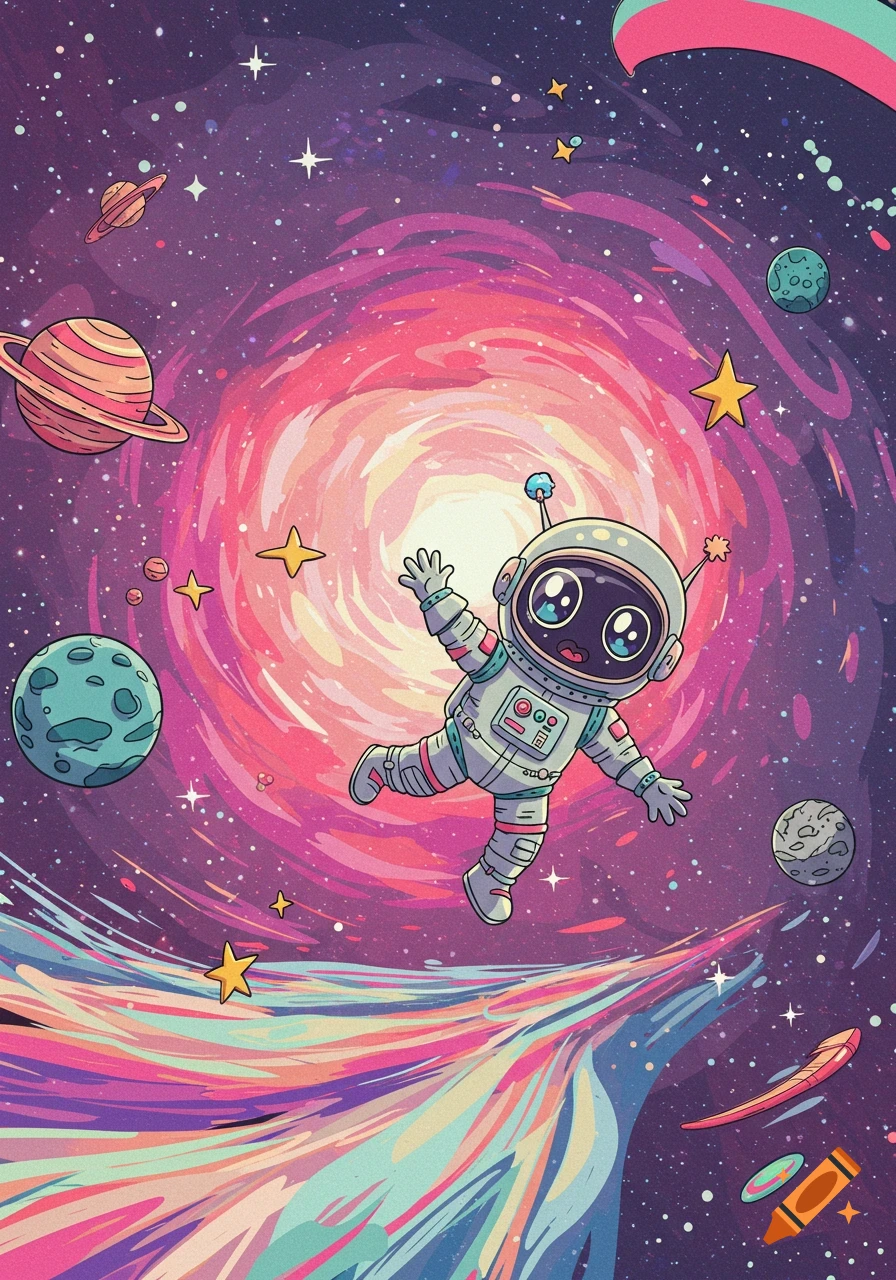 A cute cartoon astronaut floats in a vibrant, psychedelic space scene with planets, stars, and swirling colors.