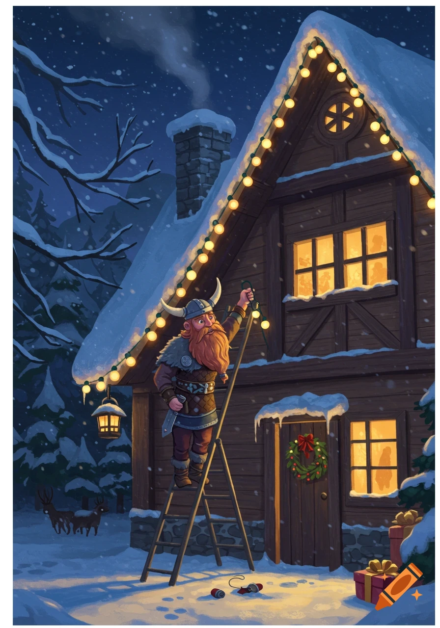 A Viking hanging Christmas lights on a snow-covered cabin at night.