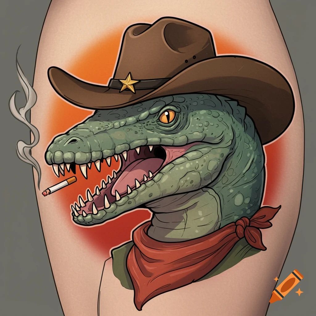 Cartoon tattoo of a green dinosaur in a cowboy hat and bandana, smoking a cigarette.