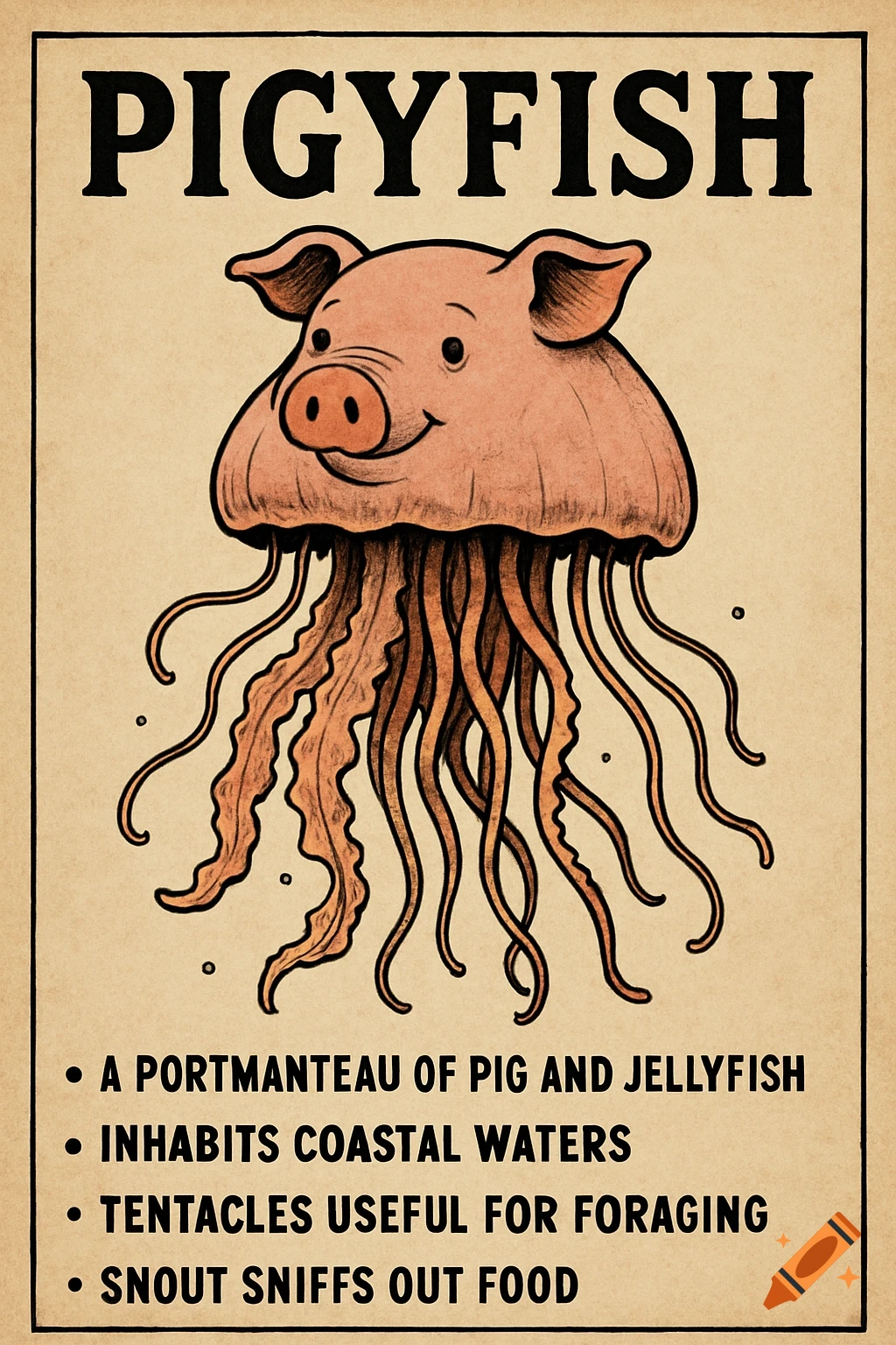A poster features a creature with a pig's head and a jellyfish's body and tentacles, with text that reads "PIGYFISH" and bullet point facts.