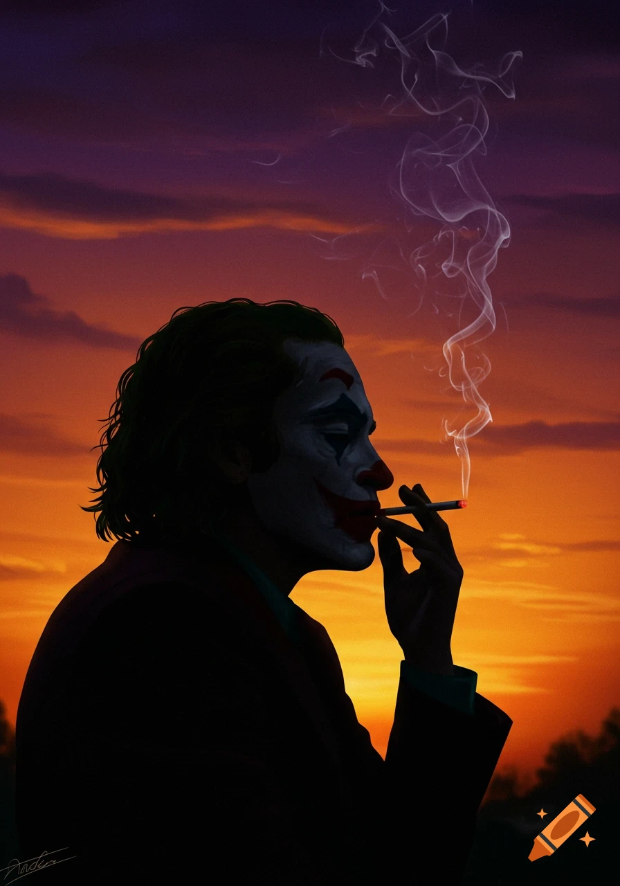 The Joker character is smoking a cigarette against a sunset background.