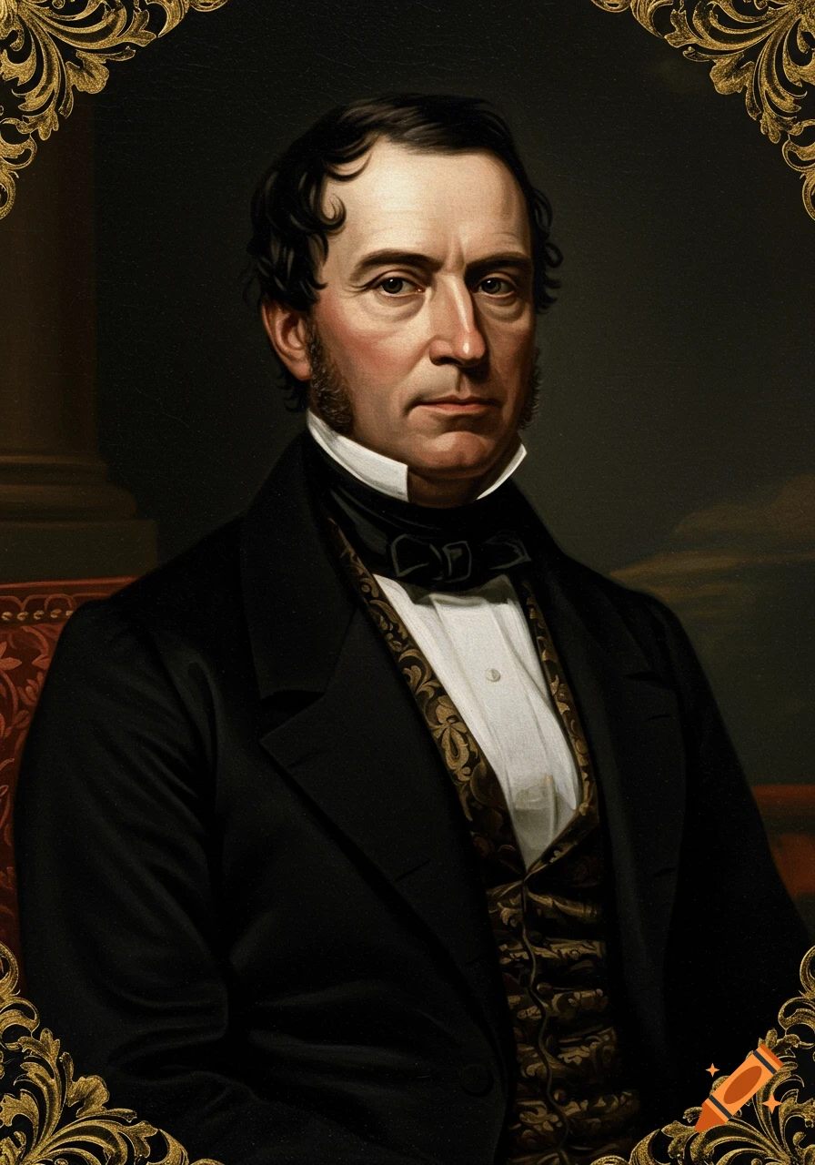 A painted portrait of a man in an 1840s suit, framed by a gold border.