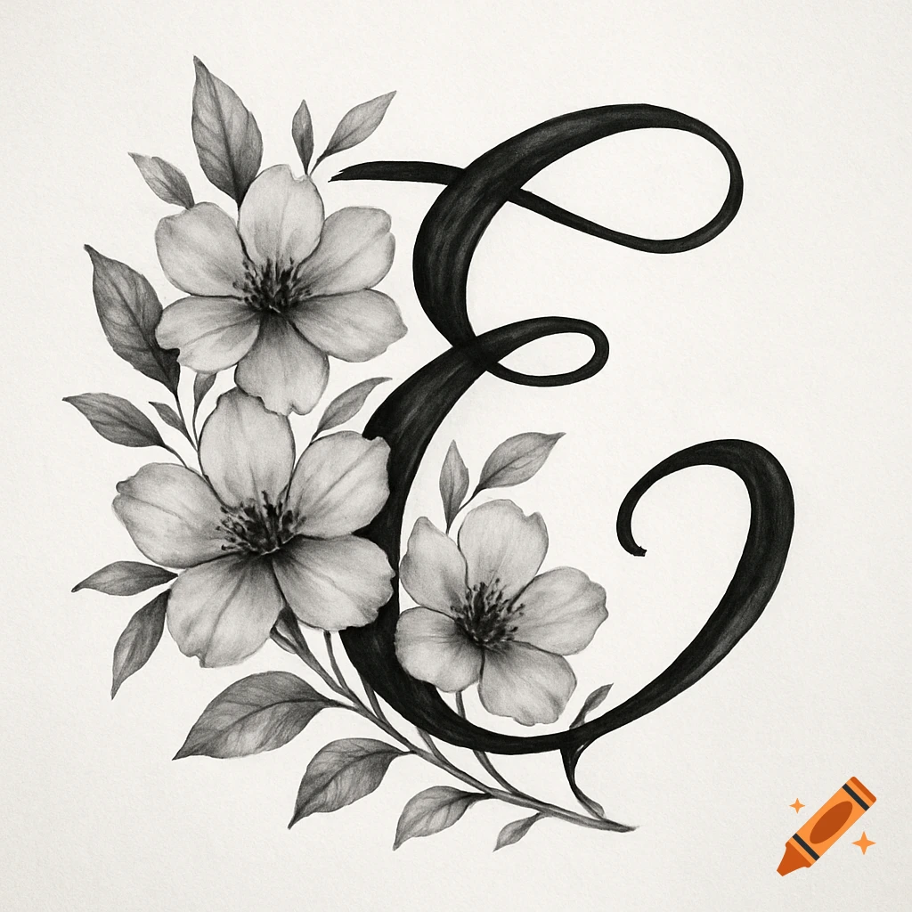 Black and white drawing of a calligraphy letter E with floral arrangement