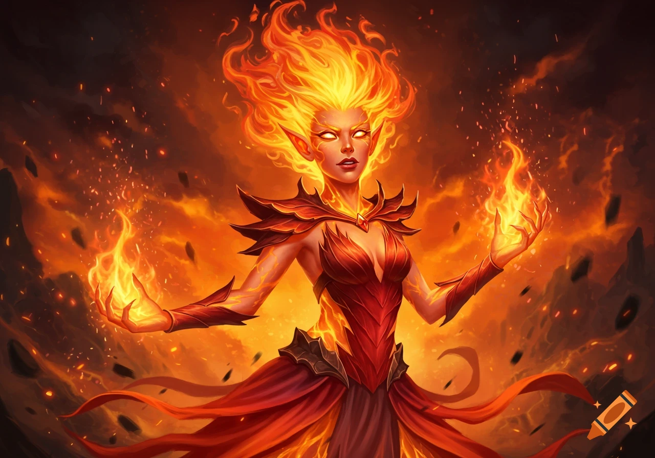 A female fantasy character with fire for hair, holding fire in her hands.