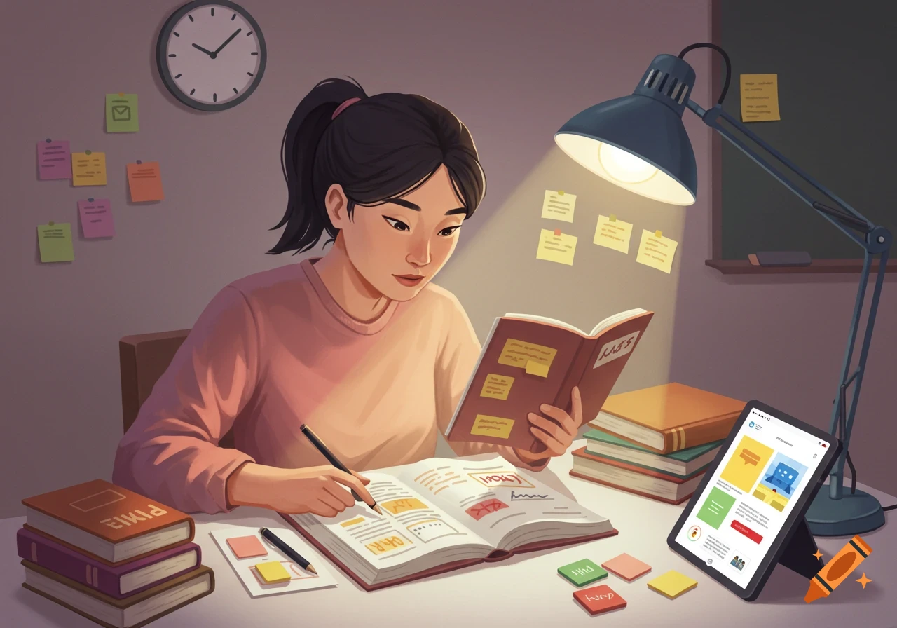 Young woman studying at a desk with books and a tablet.