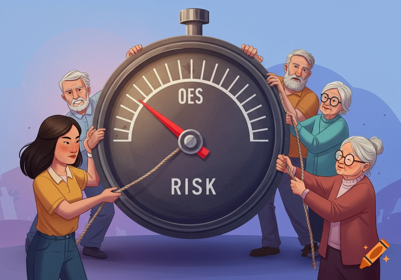 Illustration of a diverse group of people pulling down a large dial labeled 'RISK'