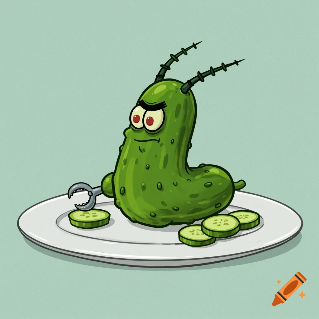 Cartoon illustration of a green pickle creature with antennae and a pincer arm sitting on a plate with pickle slices.