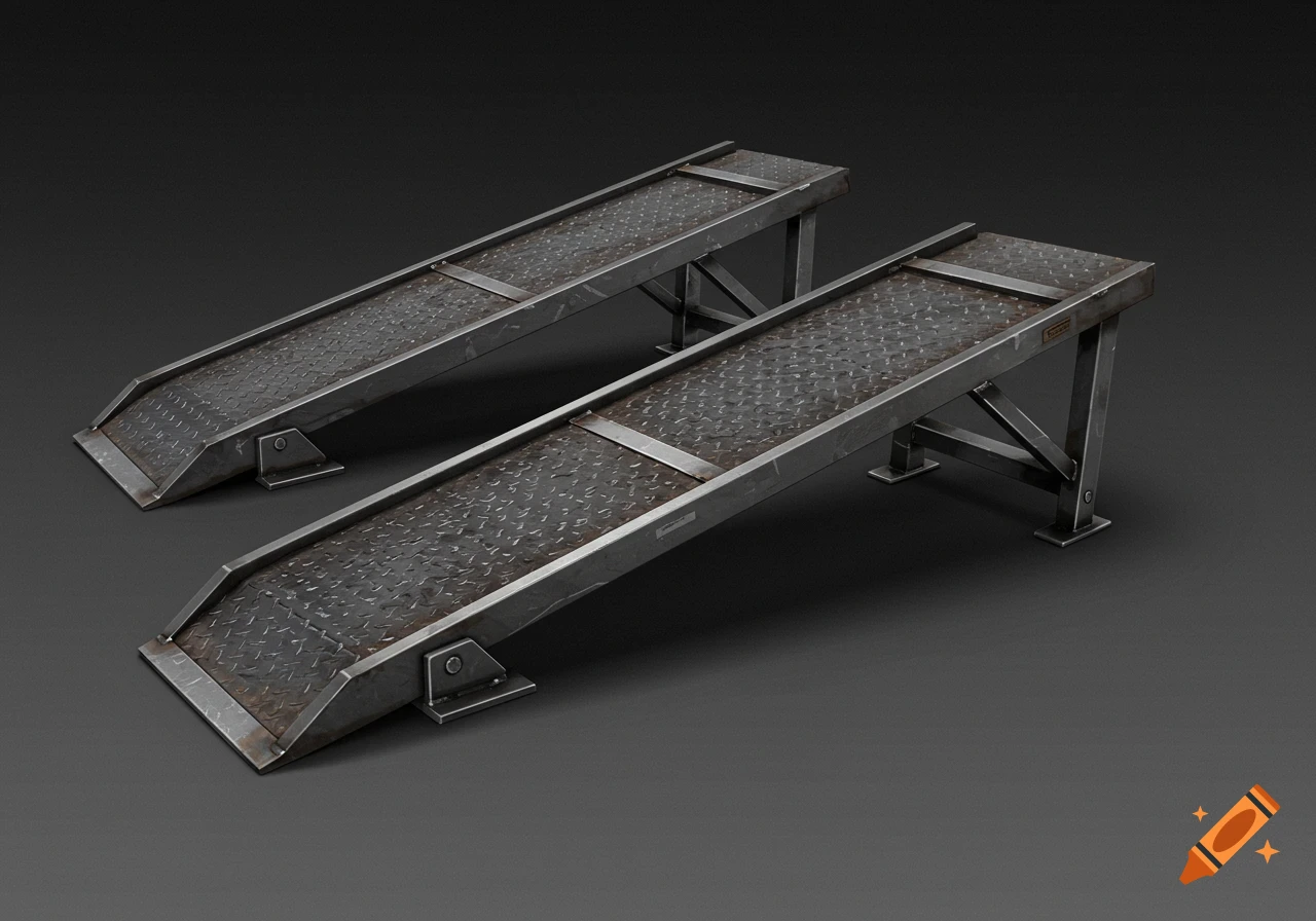 Two metal car ramps with diamond plate surfaces on a dark background on ...