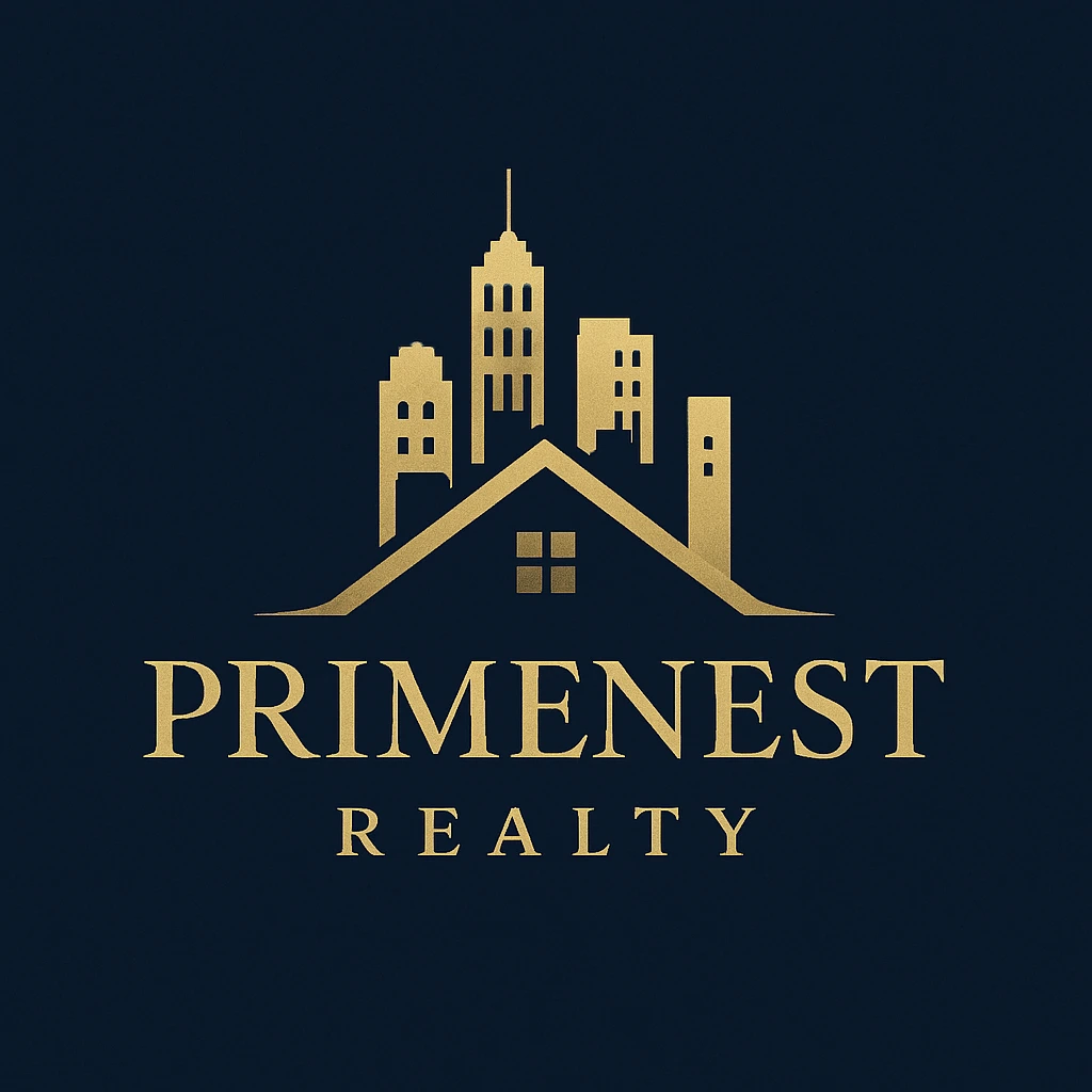 PrimeNest Realty logo with city skyline and house rooftop silhouette