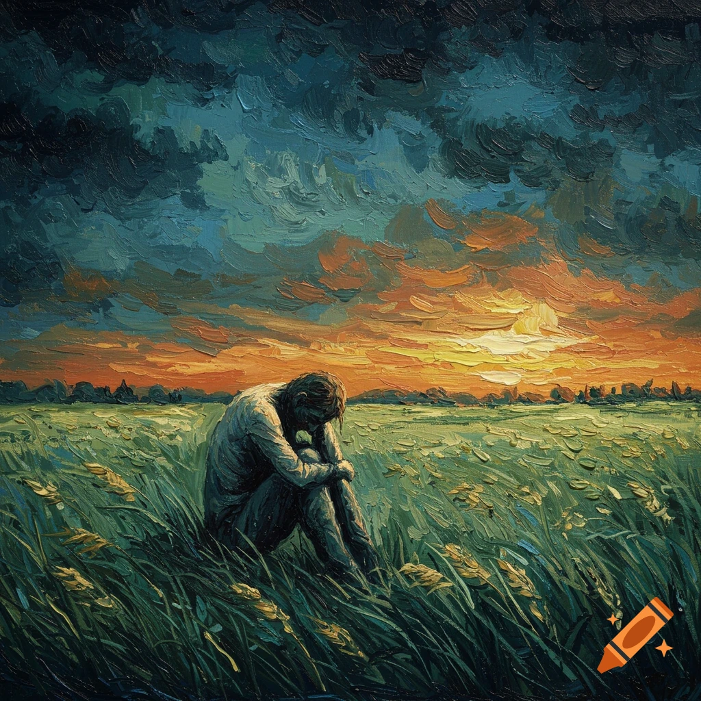 A lone figure sits in a grassy field under a dramatic sunset sky, painted in thick, expressive brushstrokes.