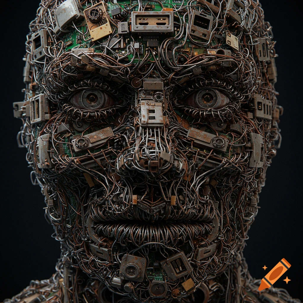 Close-up of a creepy face constructed from wires, circuit boards, and electronic components.