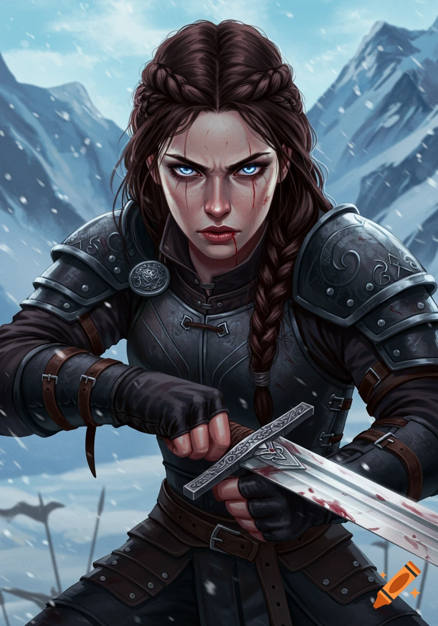 Woman warrior with blood on face holds bloody sword in snowy mountains