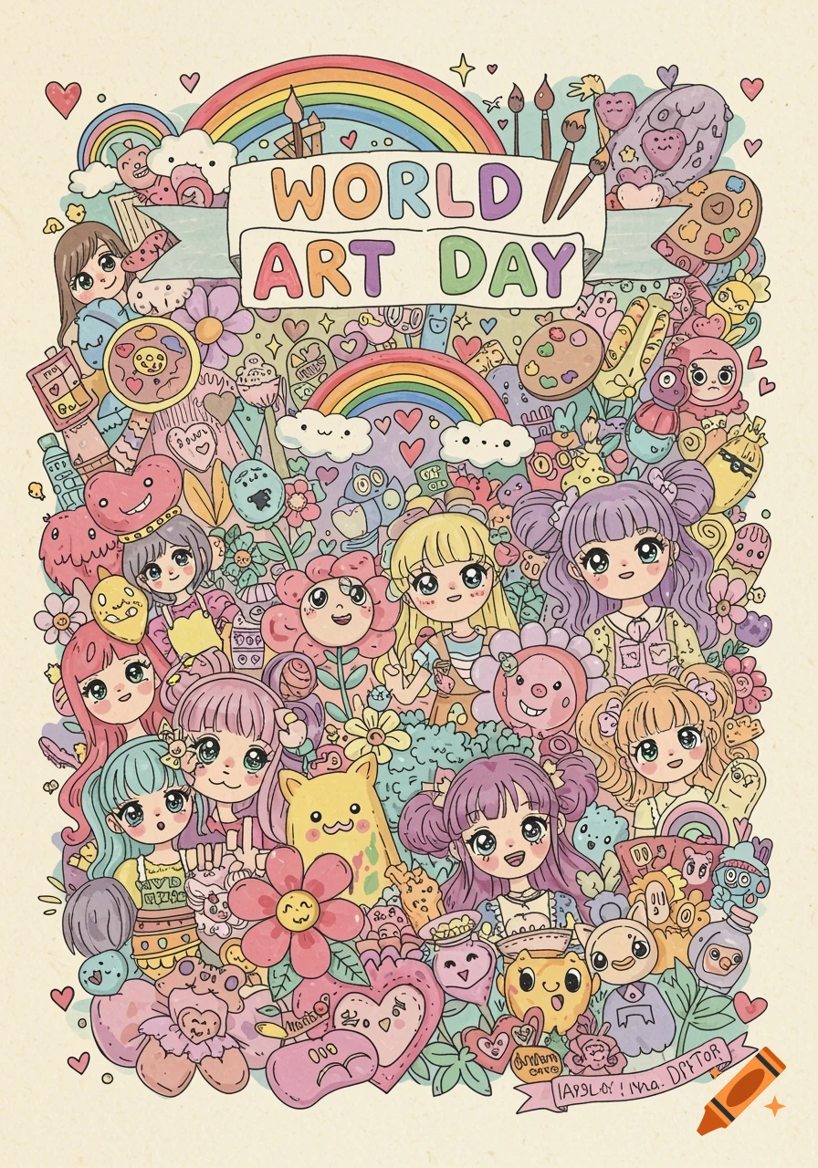 A colorful doodle celebrating World Art Day with anime characters, flowers, art supplies, and rainbows in a cute style.