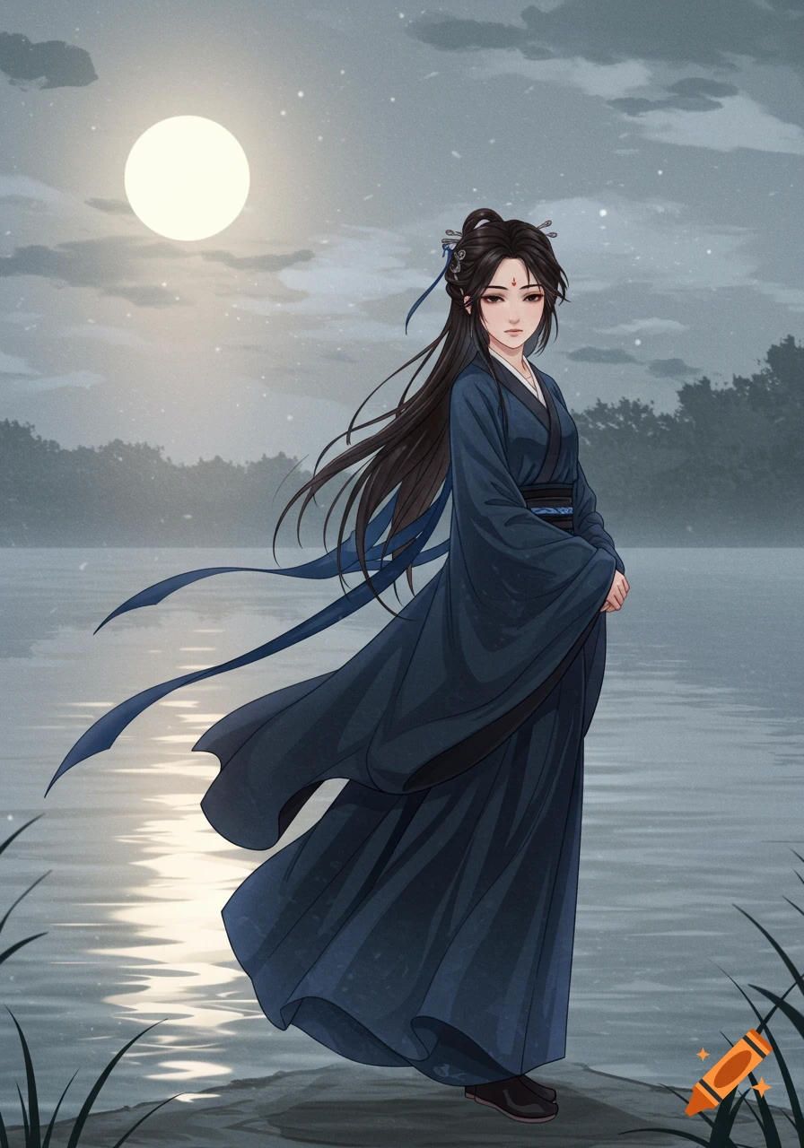 Illustration of a woman in a blue robe standing by a lake under a bright moon.