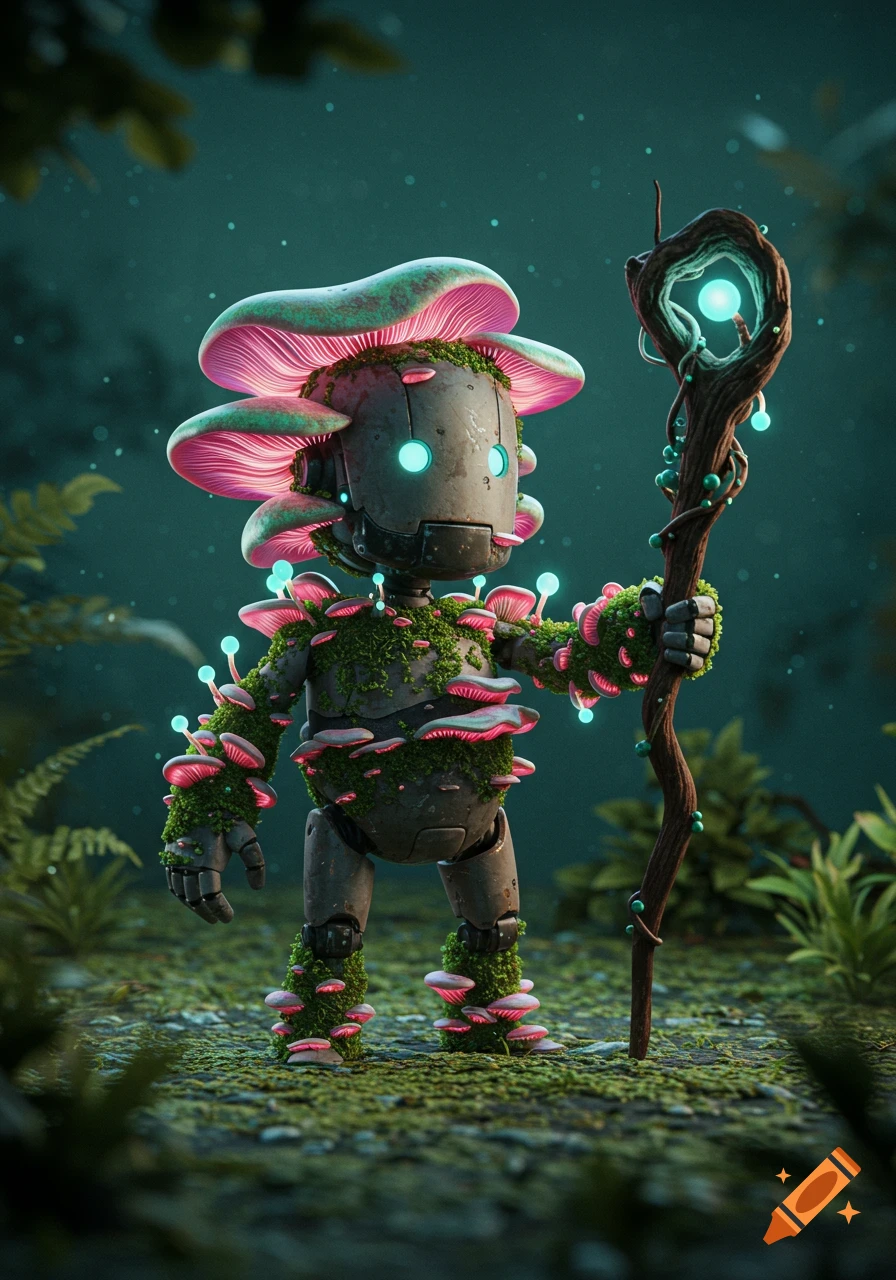 A robot covered in moss and mushrooms holds a glowing staff in a forest.