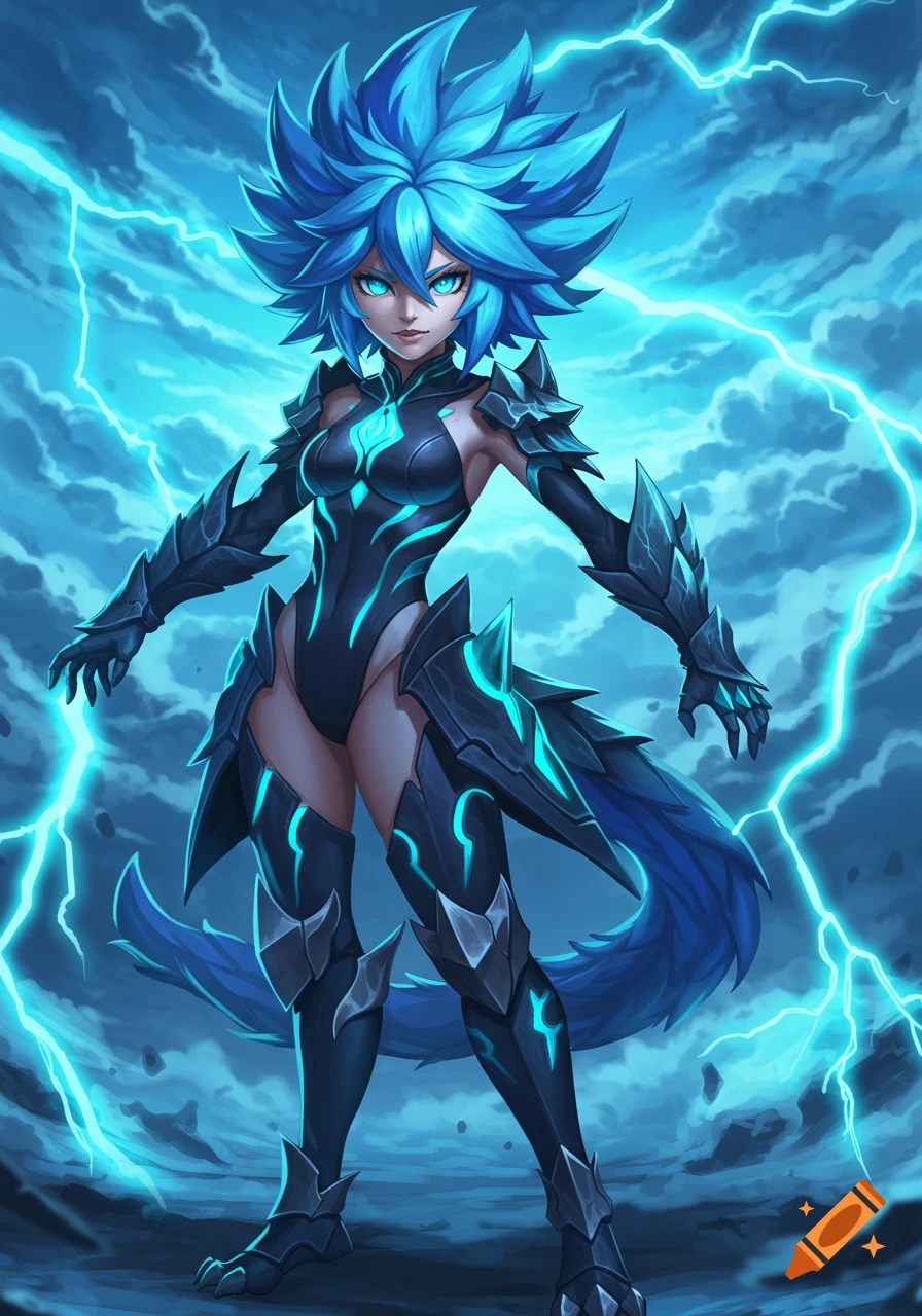 Anime girl with blue spiky hair and dark armor standing in a lightning storm.