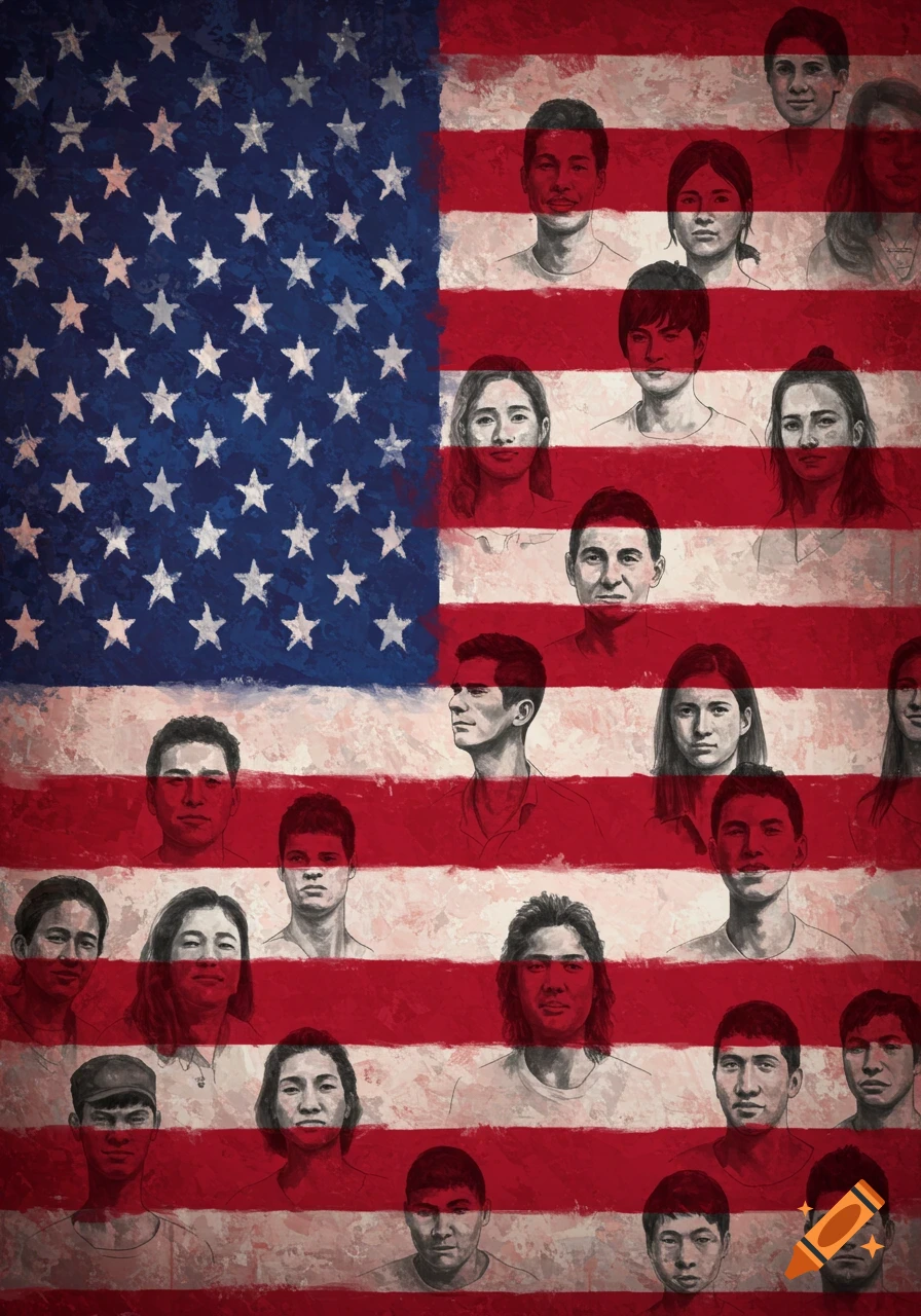 Multiple portraits of people superimposed onto an American flag.
