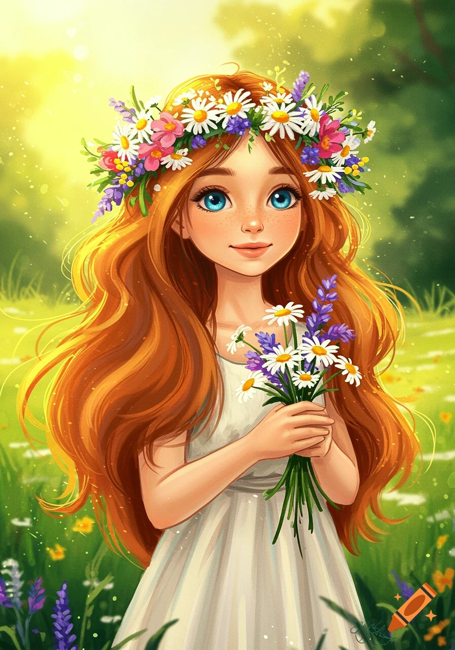 Whimsical depiction of a girl with long red hair, flower crown, holding flowers in a sunny meadow.