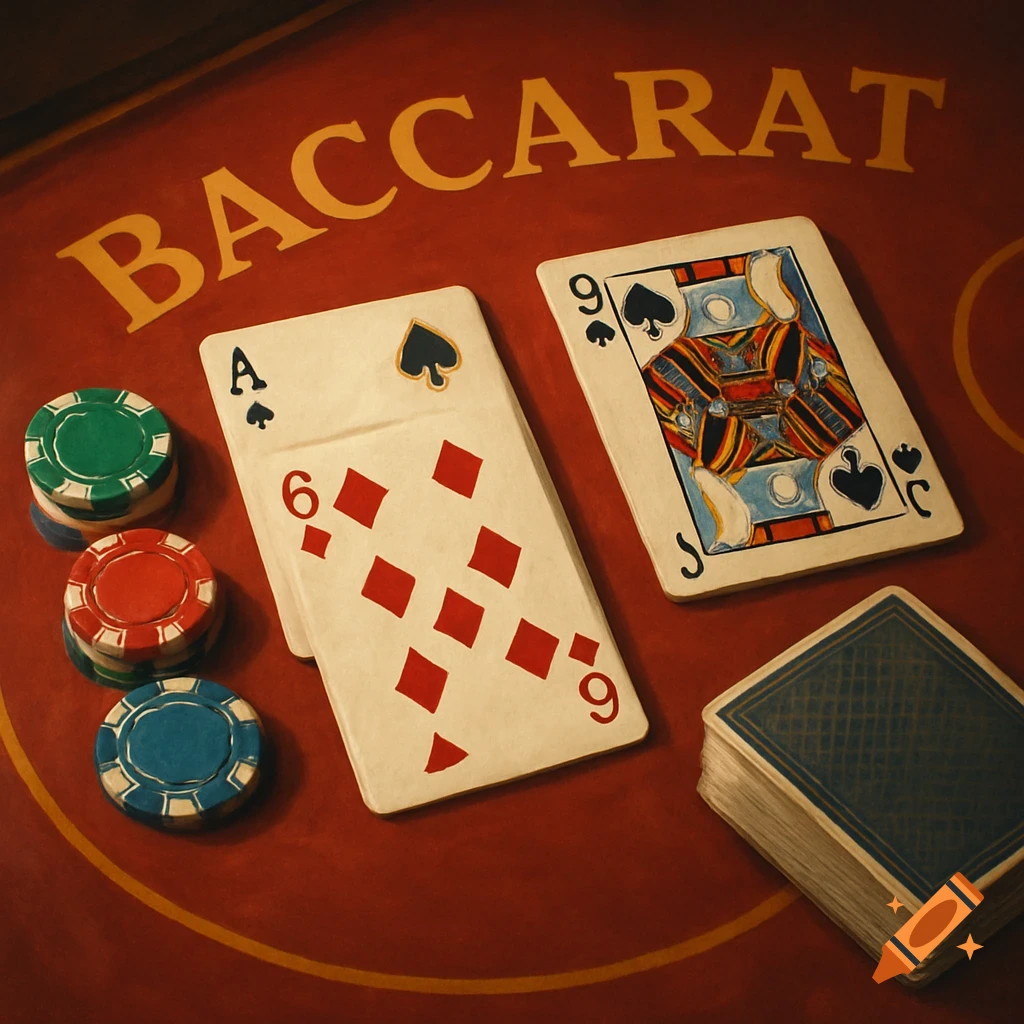 A close-up of a Baccarat table with cards and chips.