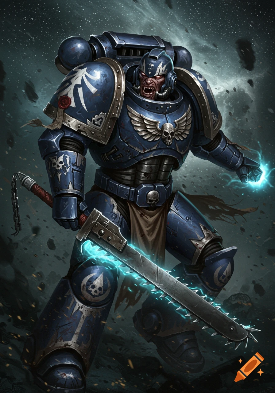 A blue armored space marine roaring, wielding a glowing chainsword in a battlefield.