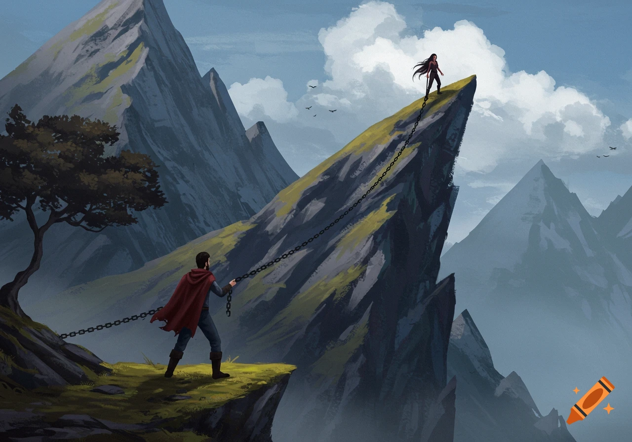 A man pulls a chain across a steep mountain ridge to a woman standing on a peak.