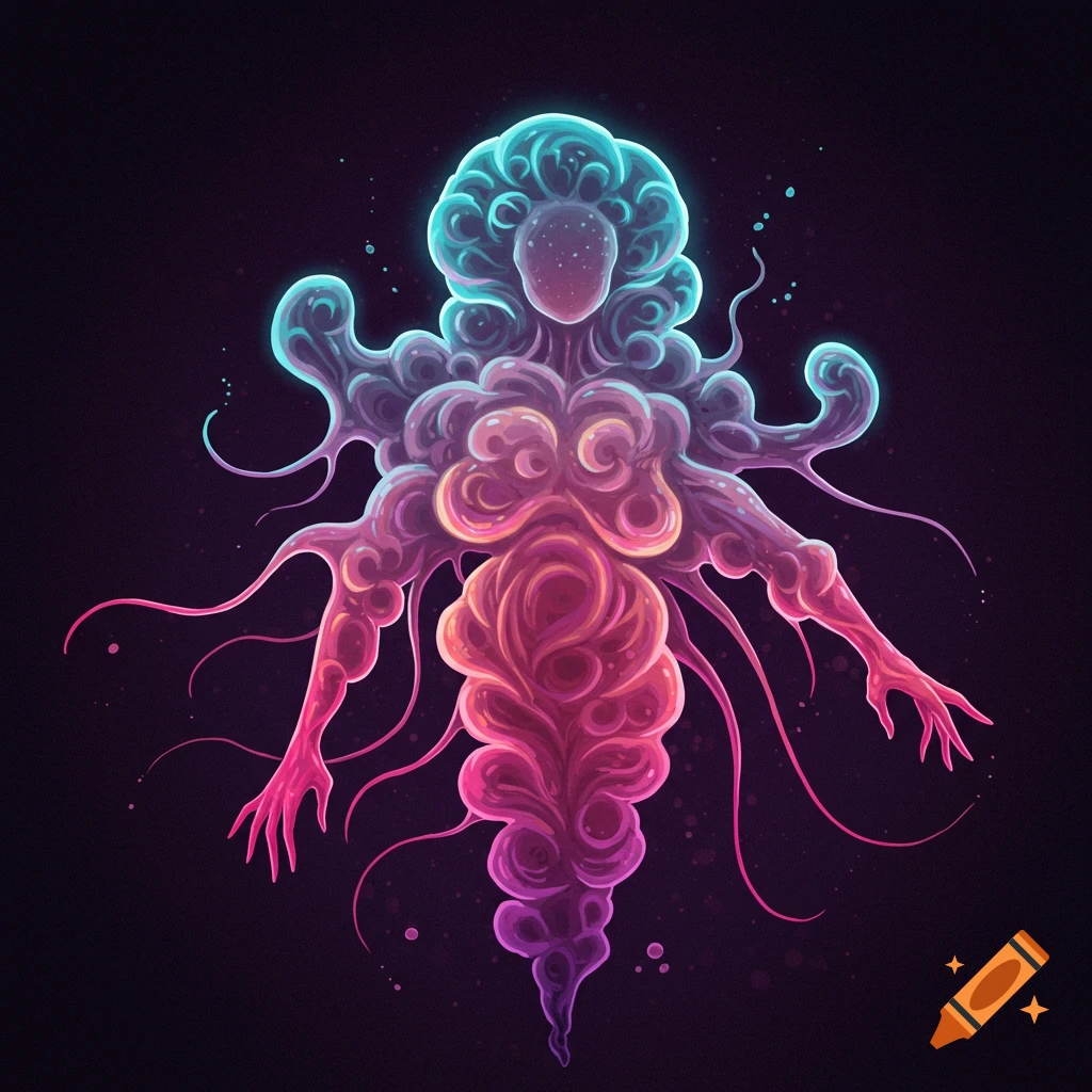 A glowing abstract creature with gaseous tendrils, changing colors on a dark background.