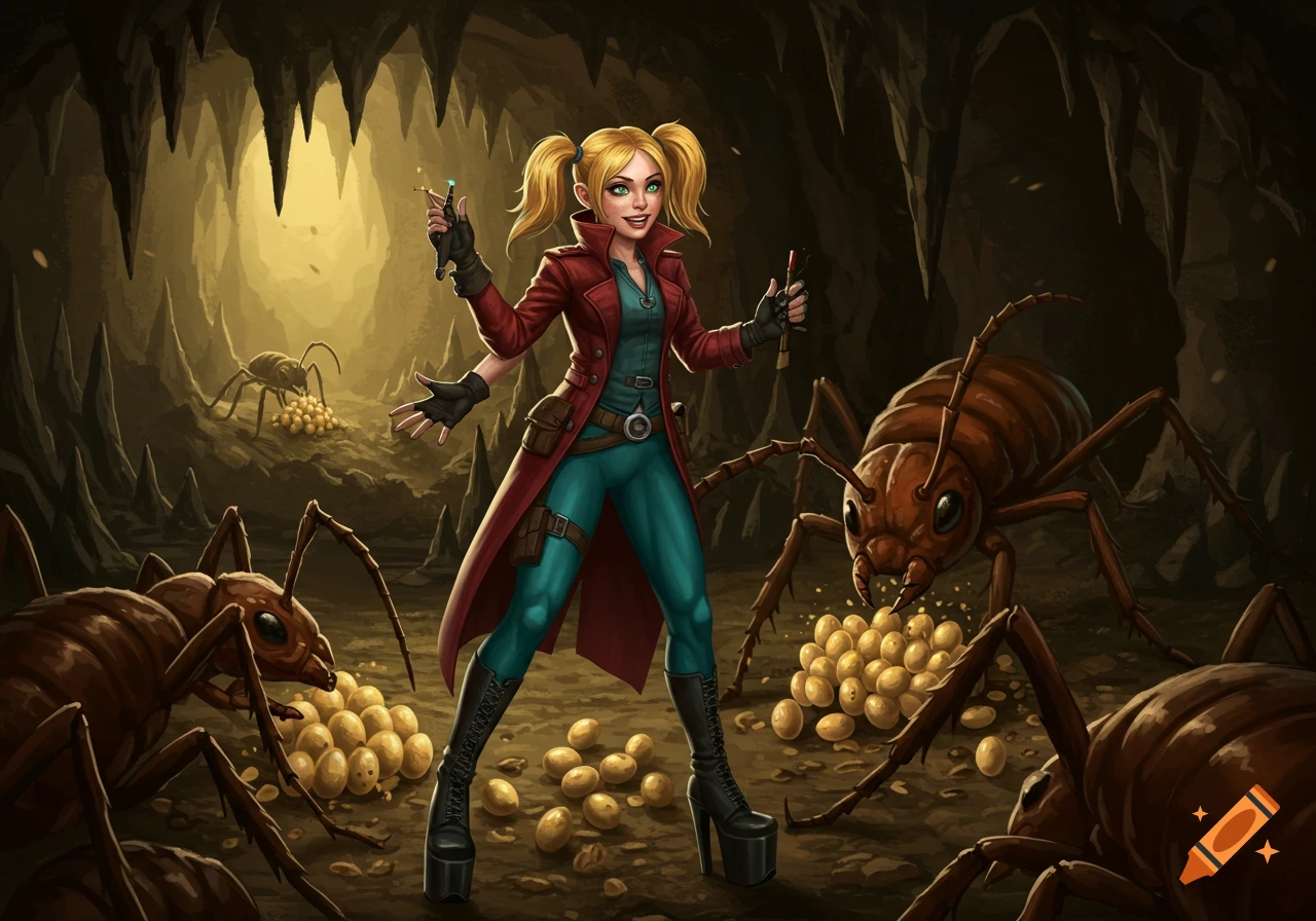 A female rogue in a fantasy cave surrounded by giant ants and piles of eggs.