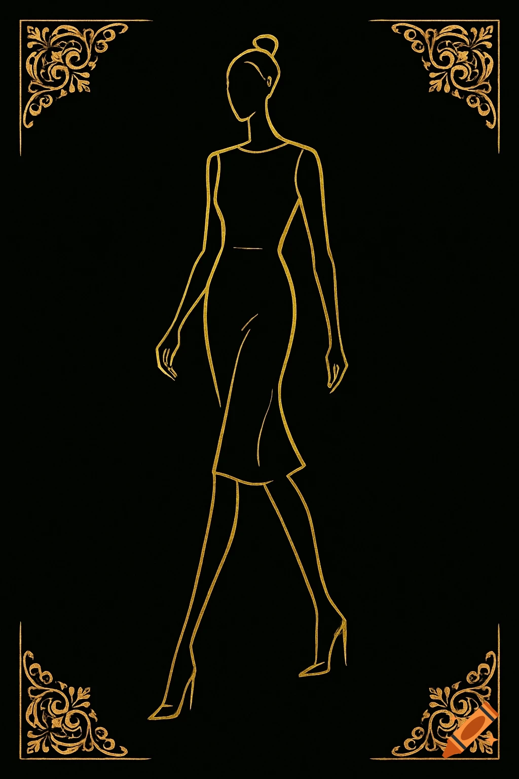 A minimalist golden outline illustration of a female fashion model walking on a black background with ornate gold corner designs.