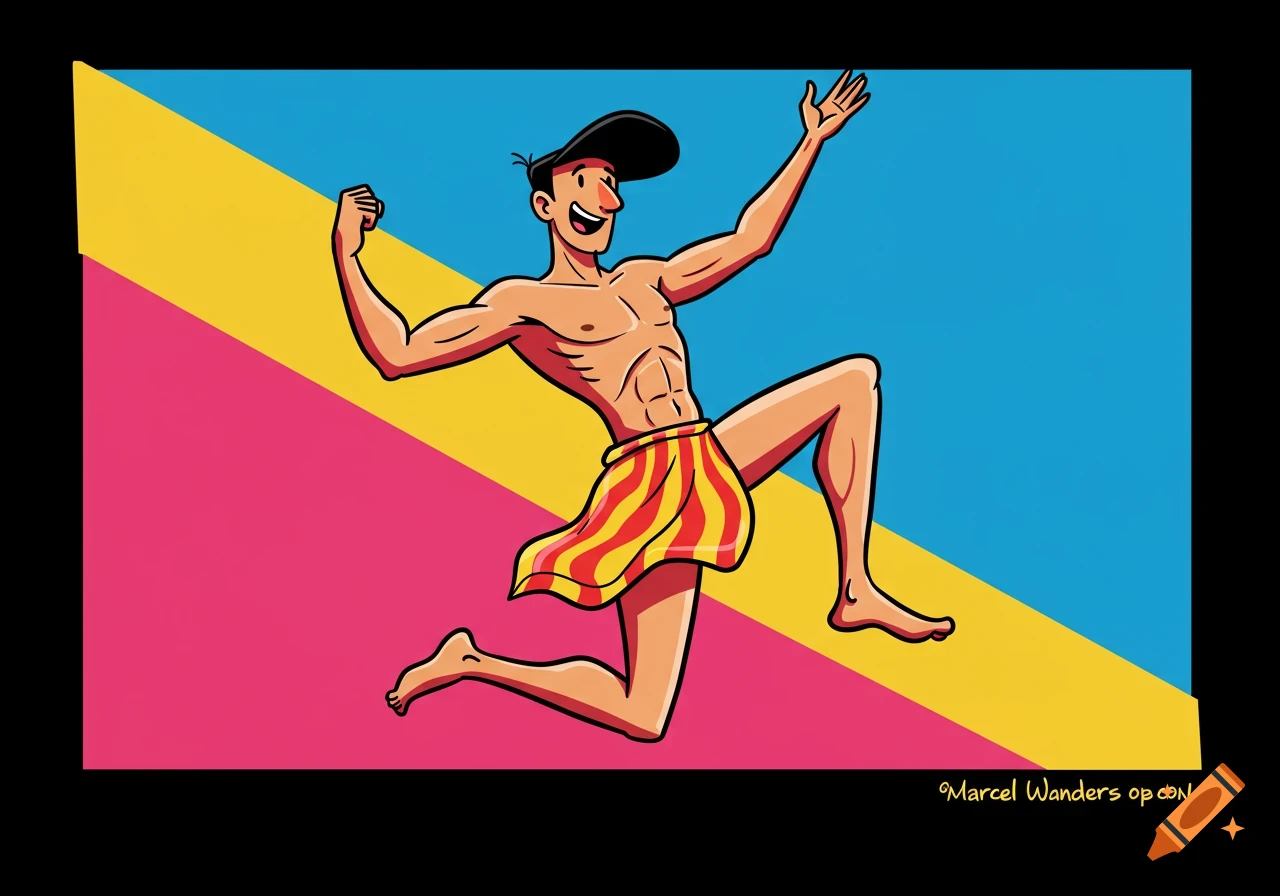 Cartoon man jumping in a loincloth against pink, yellow, and blue diagonal stripes, pop art.