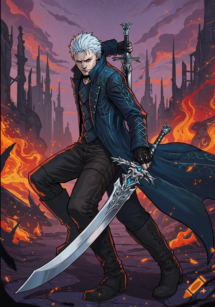 Character resembling Vergil from Devil May Cry holding two swords in a burning city.