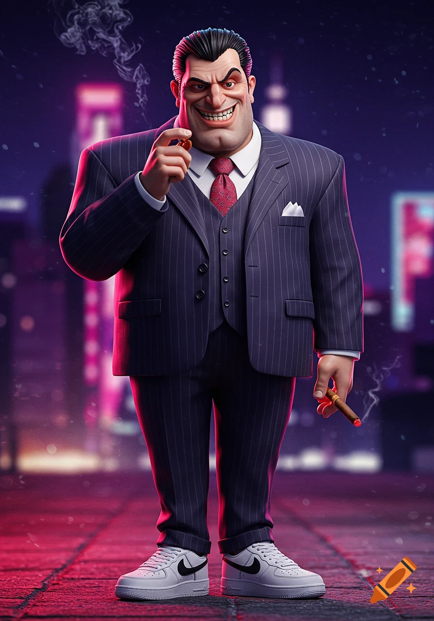 A cartoon mafia man in a suit and sneakers smokes a cigar on a city street.