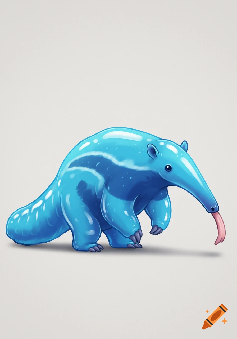 A blue, jelly-like anteater with glossy highlights sticks out its tongue in a digital illustration.